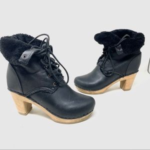 No. 6 black leather shearling booties wooden clogs